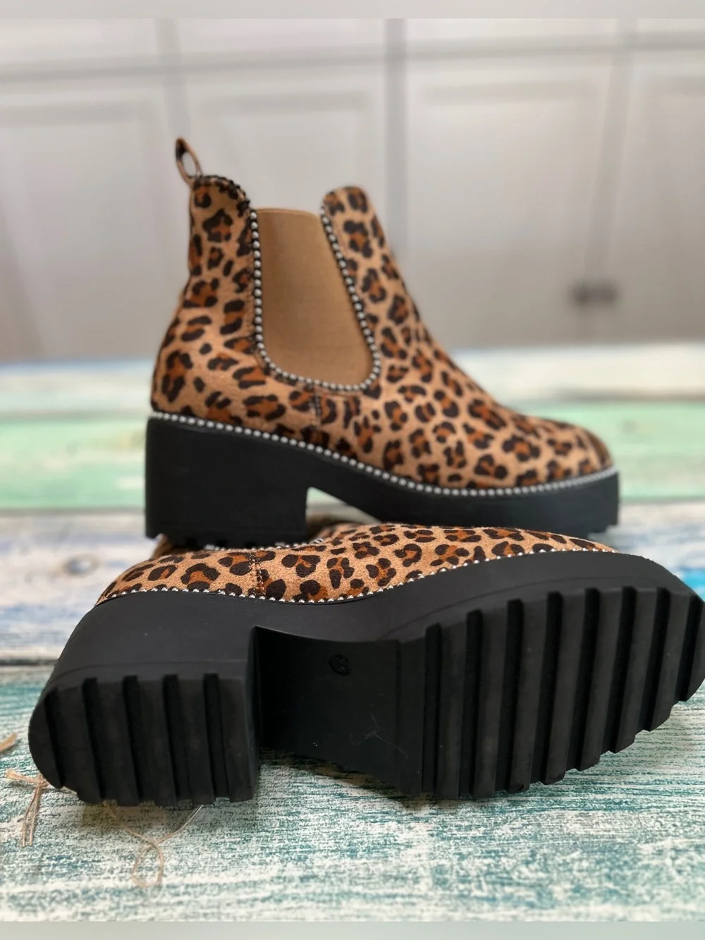 Tinstree Leopard Platform Chelsea Ankle Boots | Rhinestone Trim | NWOT - Picture 3 of 8